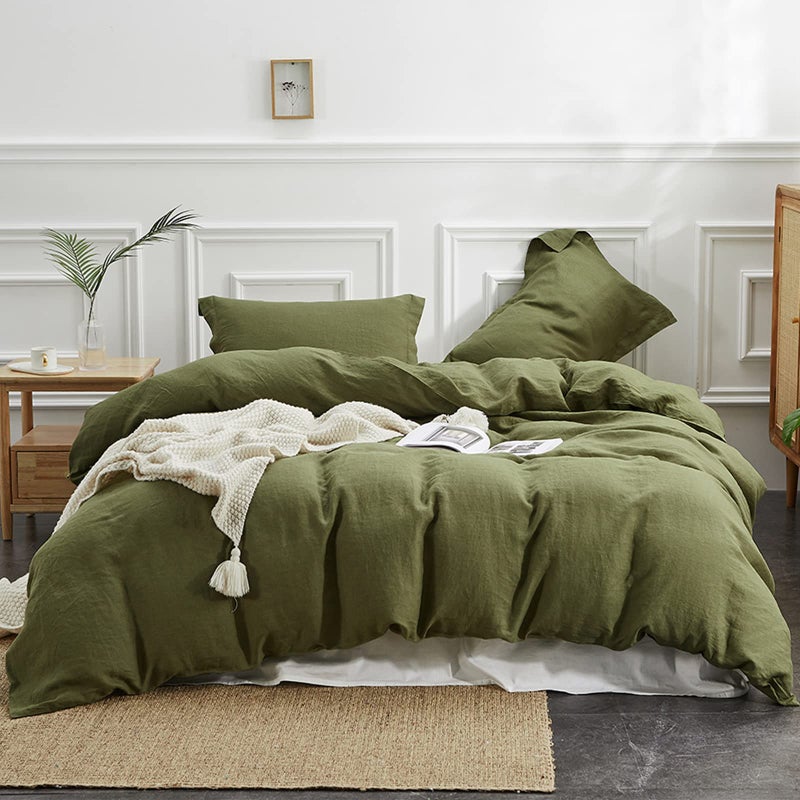 Simple&Opulence 100% Linen Duvet Cover Set 3pcs Basic Style Natural French Washed Flax Solid Color Soft Breathable Farmhouse Bedding with Button Closure - Olive Green, Queen - Image 1